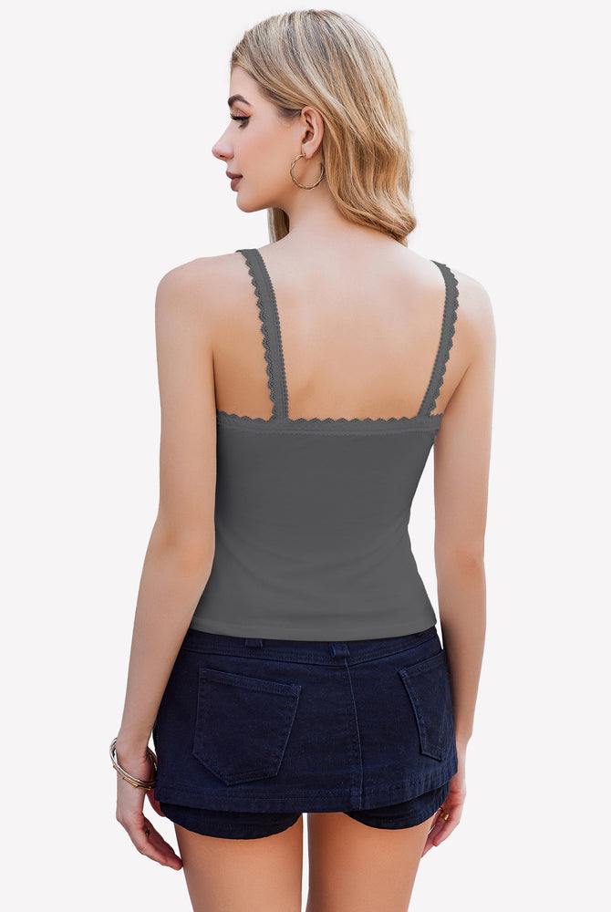Dark gray Y2k square neck lace trim tank top with lace detail, ideal for date nights and daily wear.