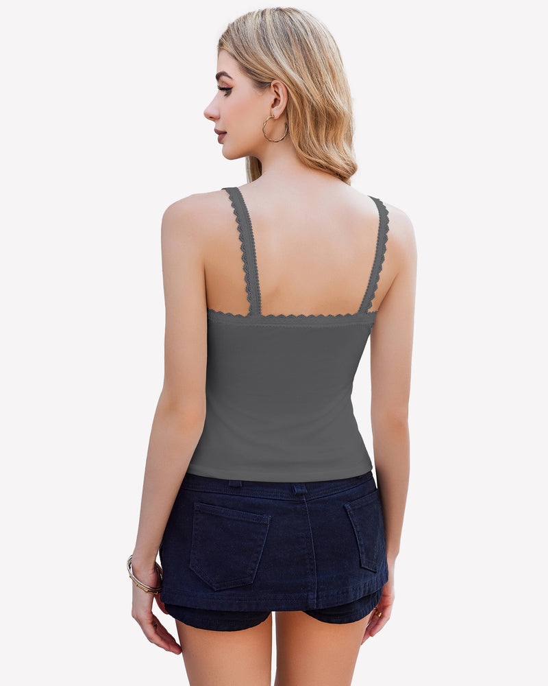Dark gray Y2k square neck lace trim tank top with lace detail, ideal for date nights and daily wear.