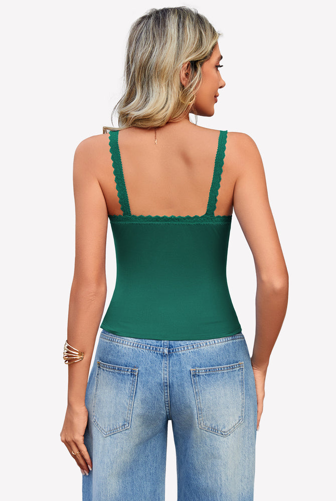 Dark green Y2k square neck lace trim tank top, perfect for date nights and daily wear.