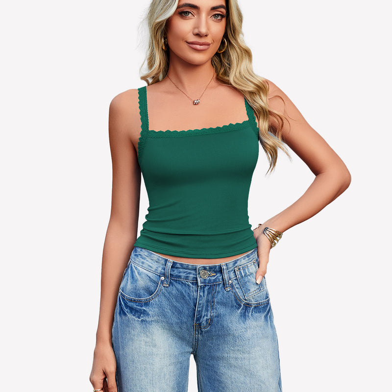 Green Y2k square neck lace trim tank top with lace detail, ideal for date nights and daily wear.