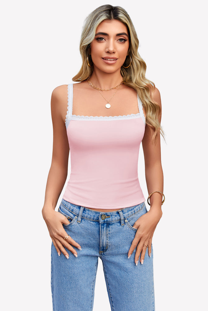 Light pink Y2k square neck lace trim tank top, ideal for date nights and daily wear.