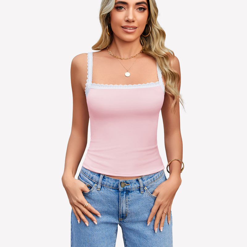 Light pink Y2k square neck lace trim tank top, ideal for date nights and daily wear.