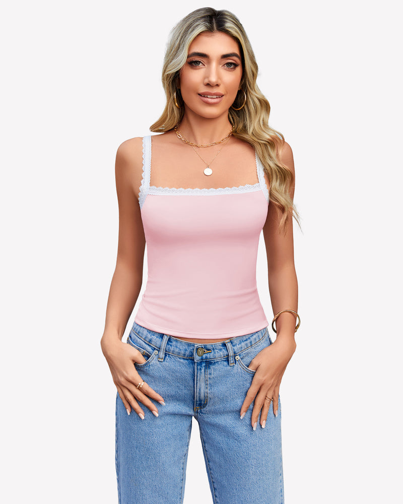 Light pink Y2k square neck lace trim tank top, ideal for date nights and daily wear.
