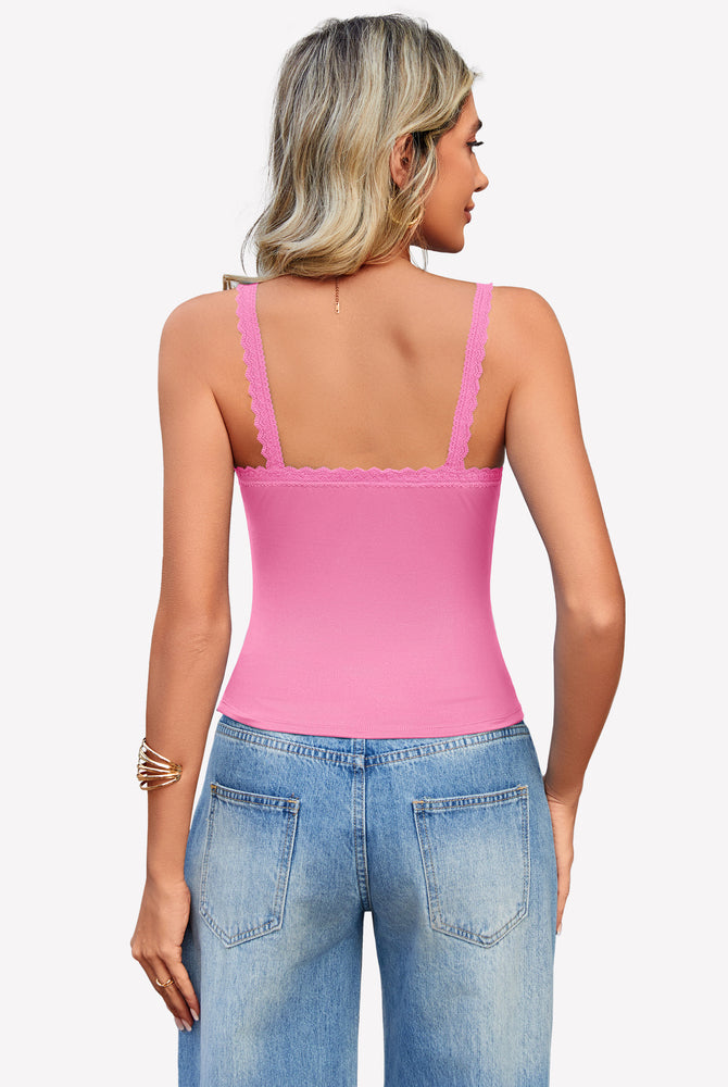 Pink Y2k square neck lace trim tank top, perfect for date nights and daily wear.