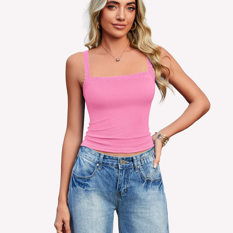 Pink Y2k square neck lace trim tank top with lace detail, ideal for date nights and daily wear.