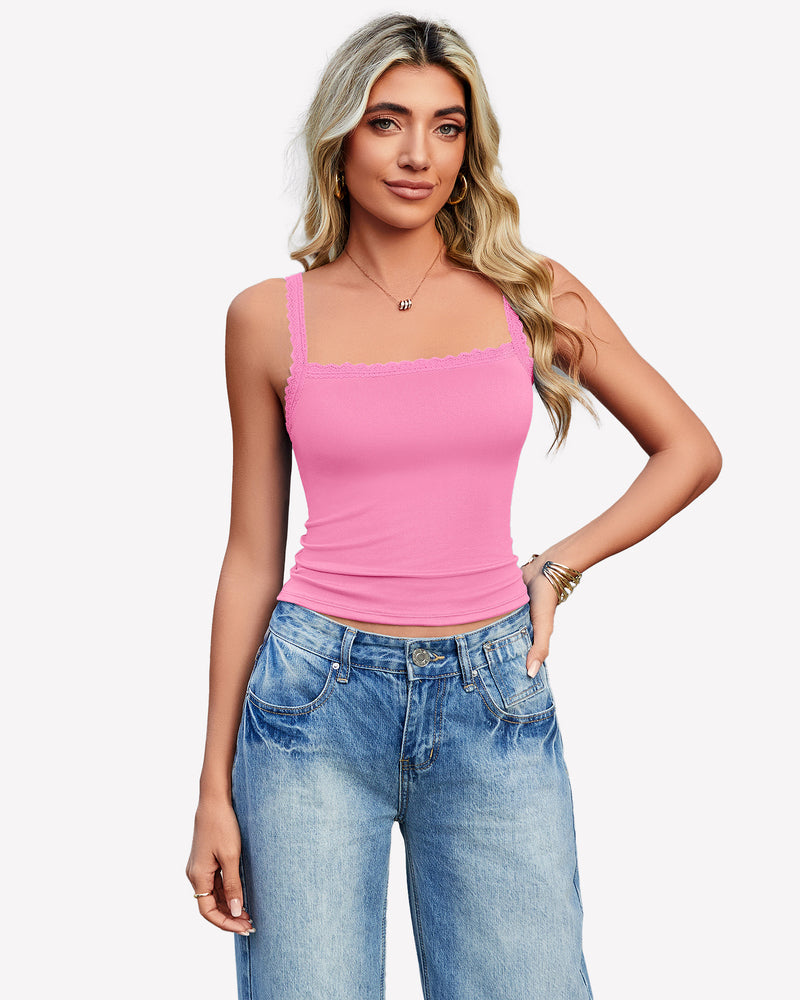 Pink Y2k square neck lace trim tank top with lace detail, ideal for date nights and daily wear.