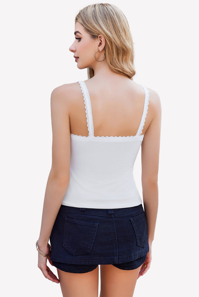 White Y2k lace trim tank top, square neck undershirt, perfect for date nights and daily wear.