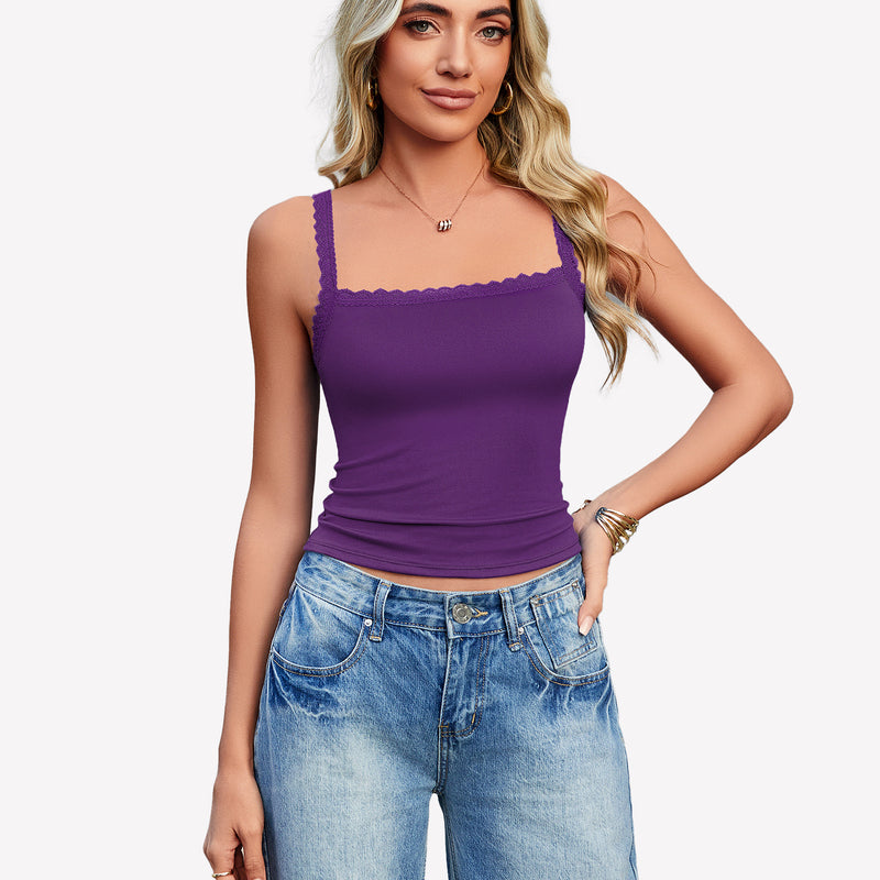 Purple Y2k square neck lace trim tank top, perfect for date nights and daily wear.