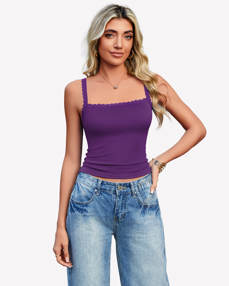 Purple Y2k square neck lace trim tank top, perfect for date nights and daily wear.
