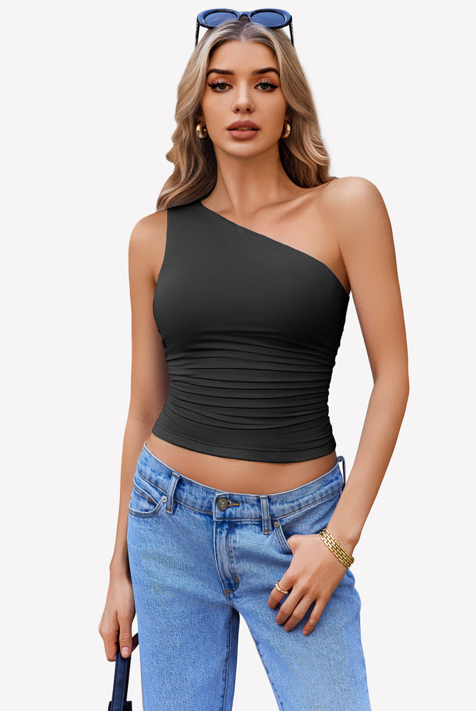 Black one-shoulder tank top paired with blue jeans, a stylish and casual look