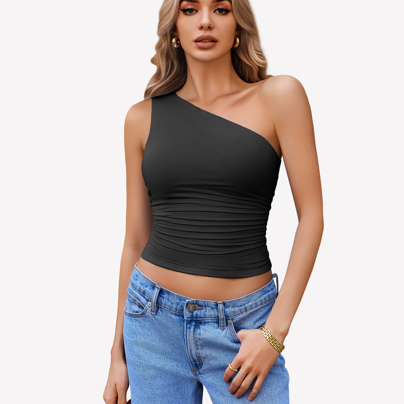 Black one-shoulder tank top paired with blue jeans, a stylish and casual look