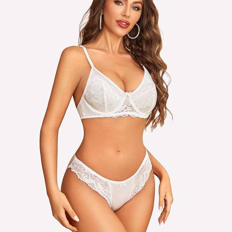White satin lace unlined bra and panty set. Sexy lingerie for special nights and lingerie parties.