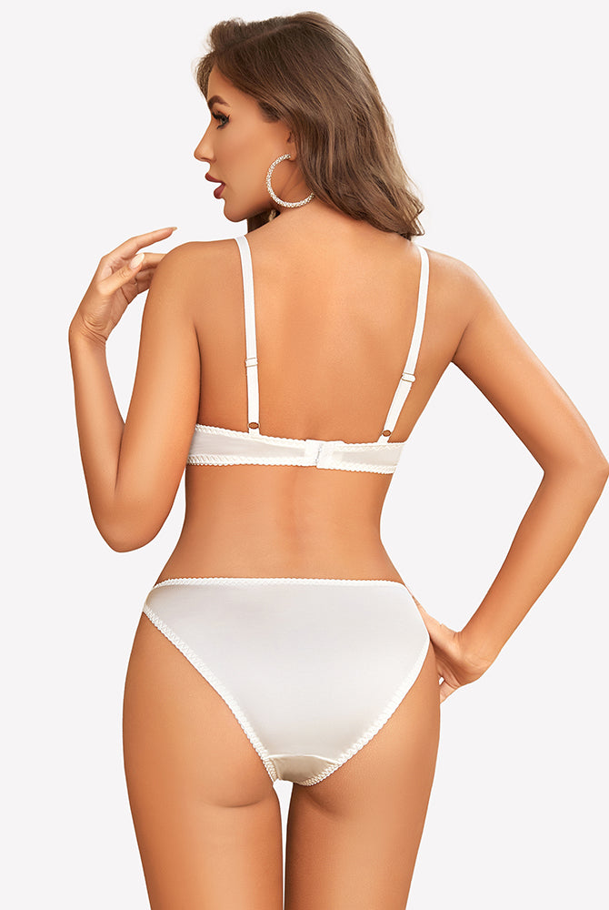 White satin lace unlined bra and panty set. Sexy lingerie with adjustable straps and low-rise panty.