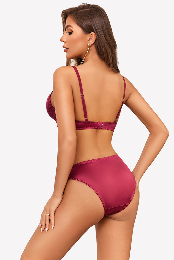 Burgundy satin lace lingerie set, unlined bra and low-rise panty. Sexy lingerie for special nights.