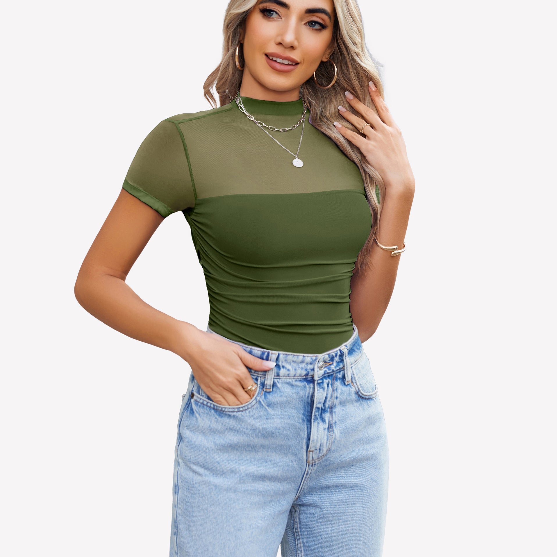 Short Sleeve Bodysuit Turtle Neck Mesh Tops