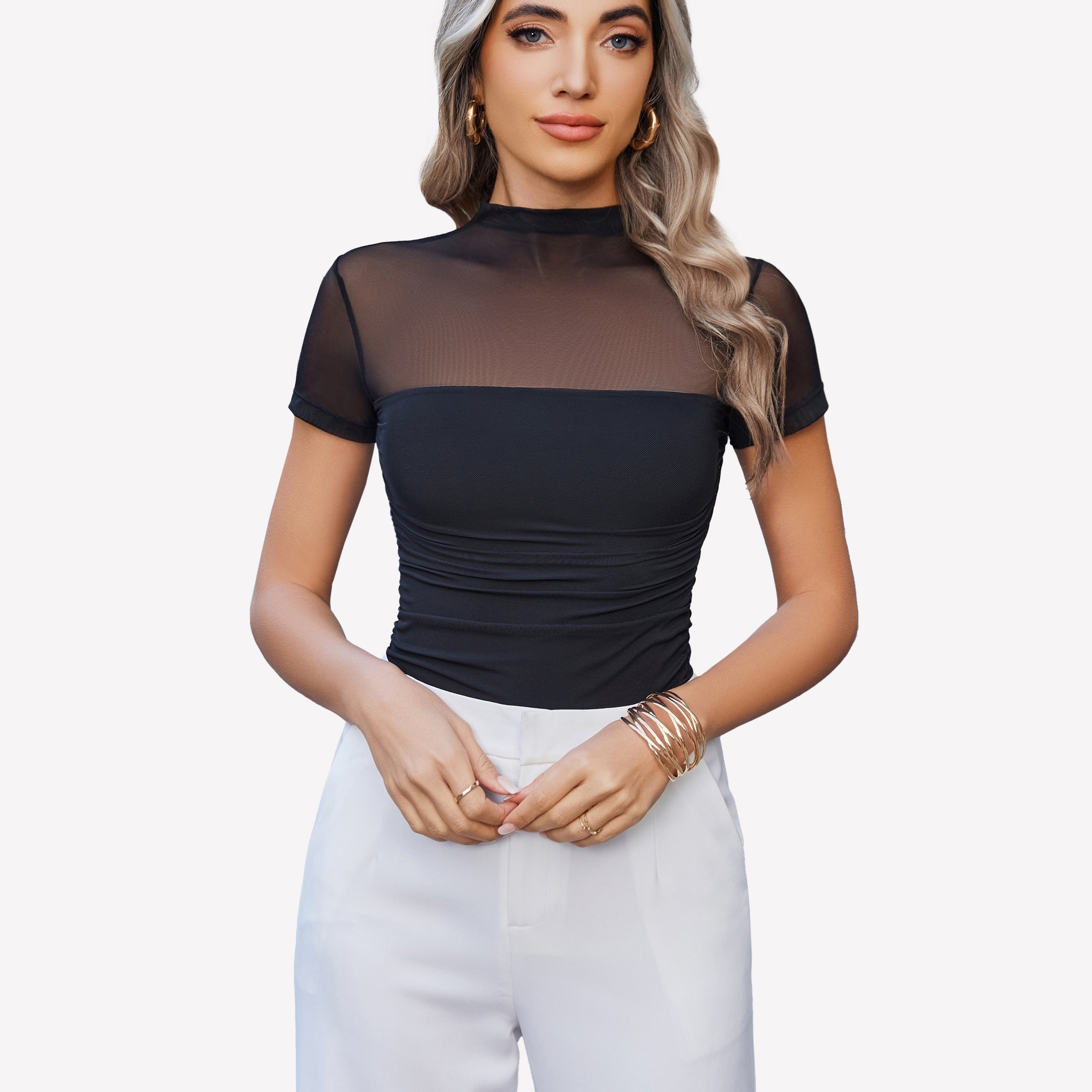 Short Sleeve Bodysuit Turtle Neck Mesh Tops