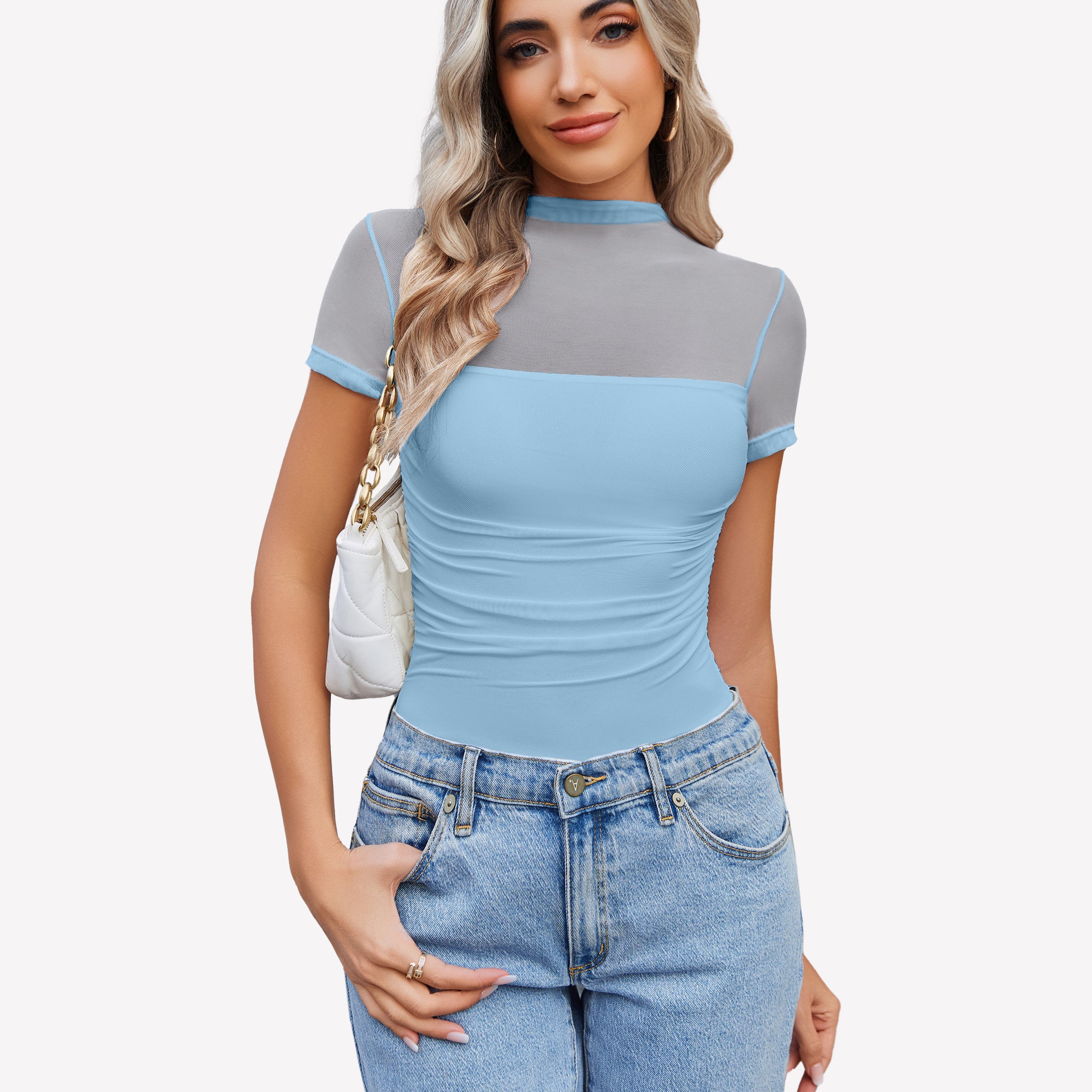 Short Sleeve Bodysuit Turtle Neck Mesh Tops