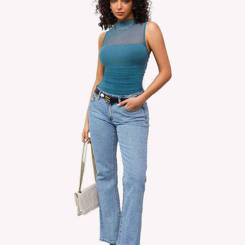 Mock Neck Mesh Bodysuit Ruched Tank Top