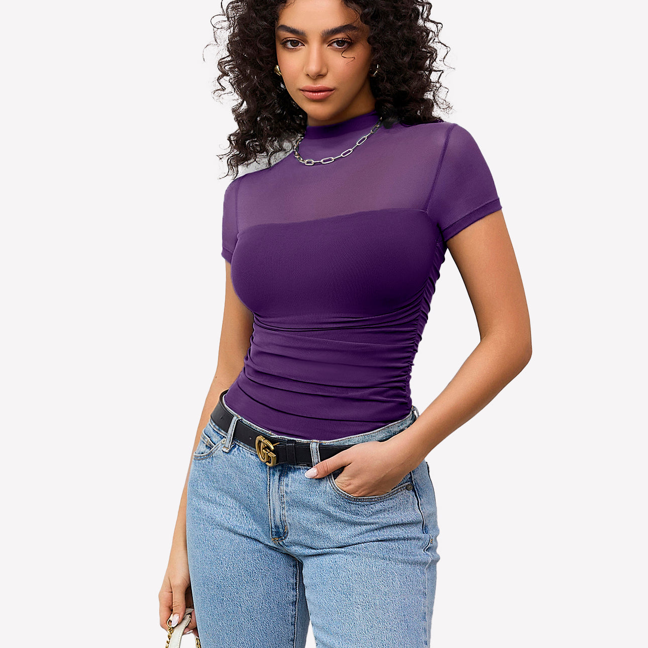 Short Sleeve Bodysuit Turtle Neck Mesh Tops