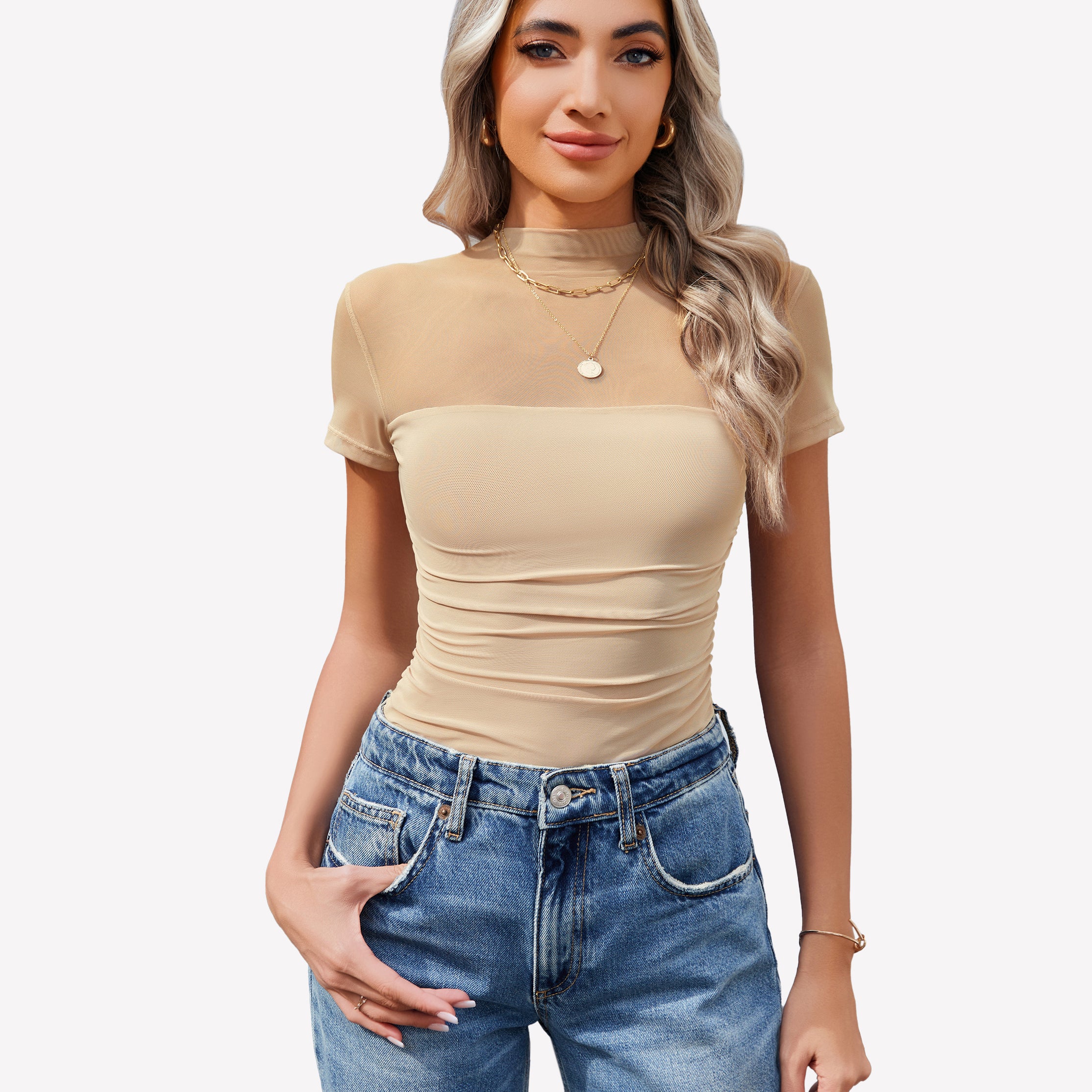 Short Sleeve Bodysuit Turtle Neck Mesh Tops