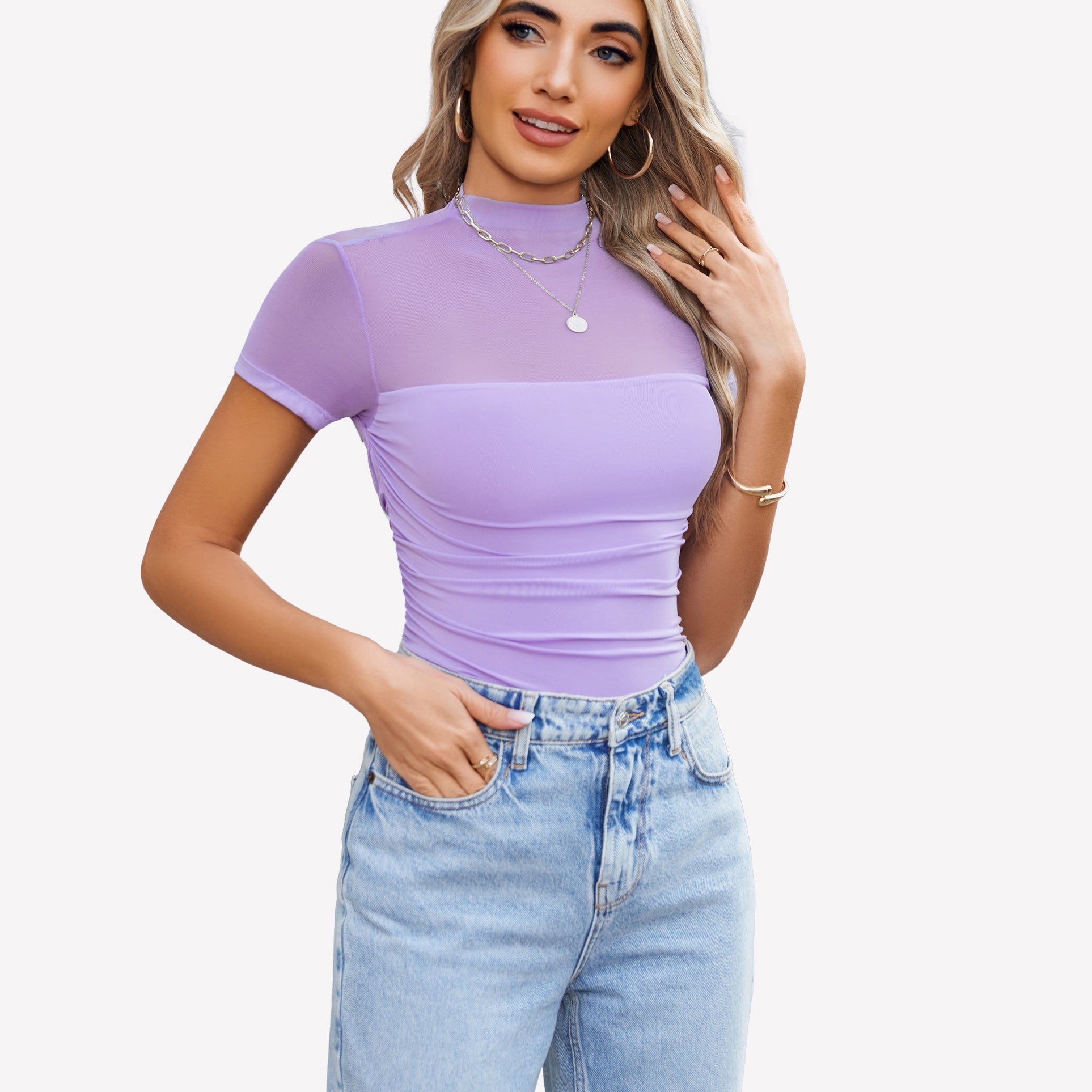 Short Sleeve Bodysuit Turtle Neck Mesh Tops
