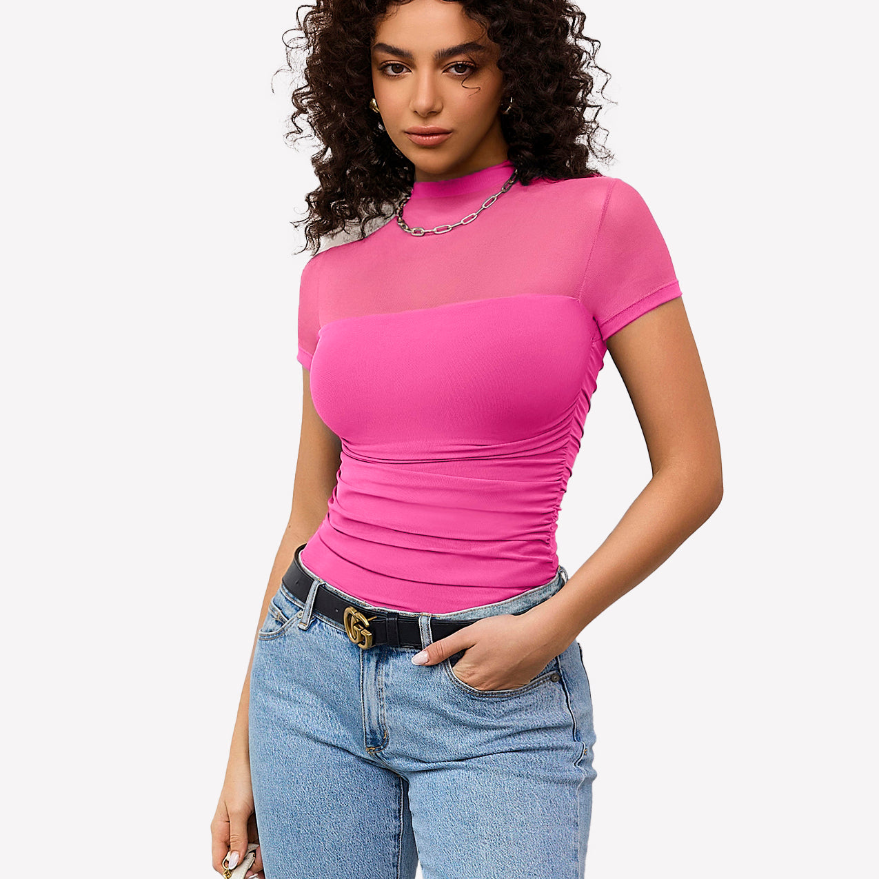 Short Sleeve Bodysuit Turtle Neck Mesh Tops