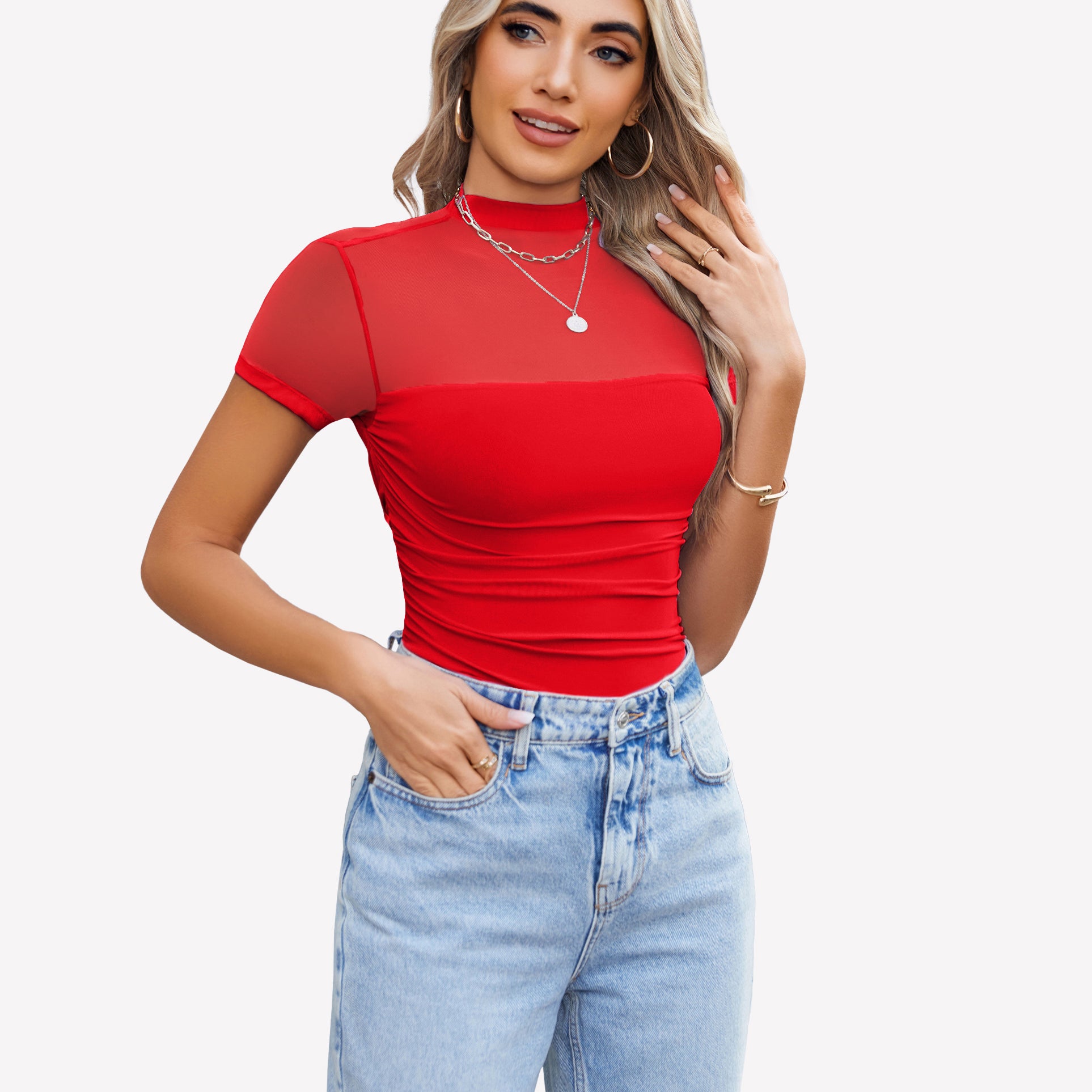 Short Sleeve Bodysuit Turtle Neck Mesh Tops