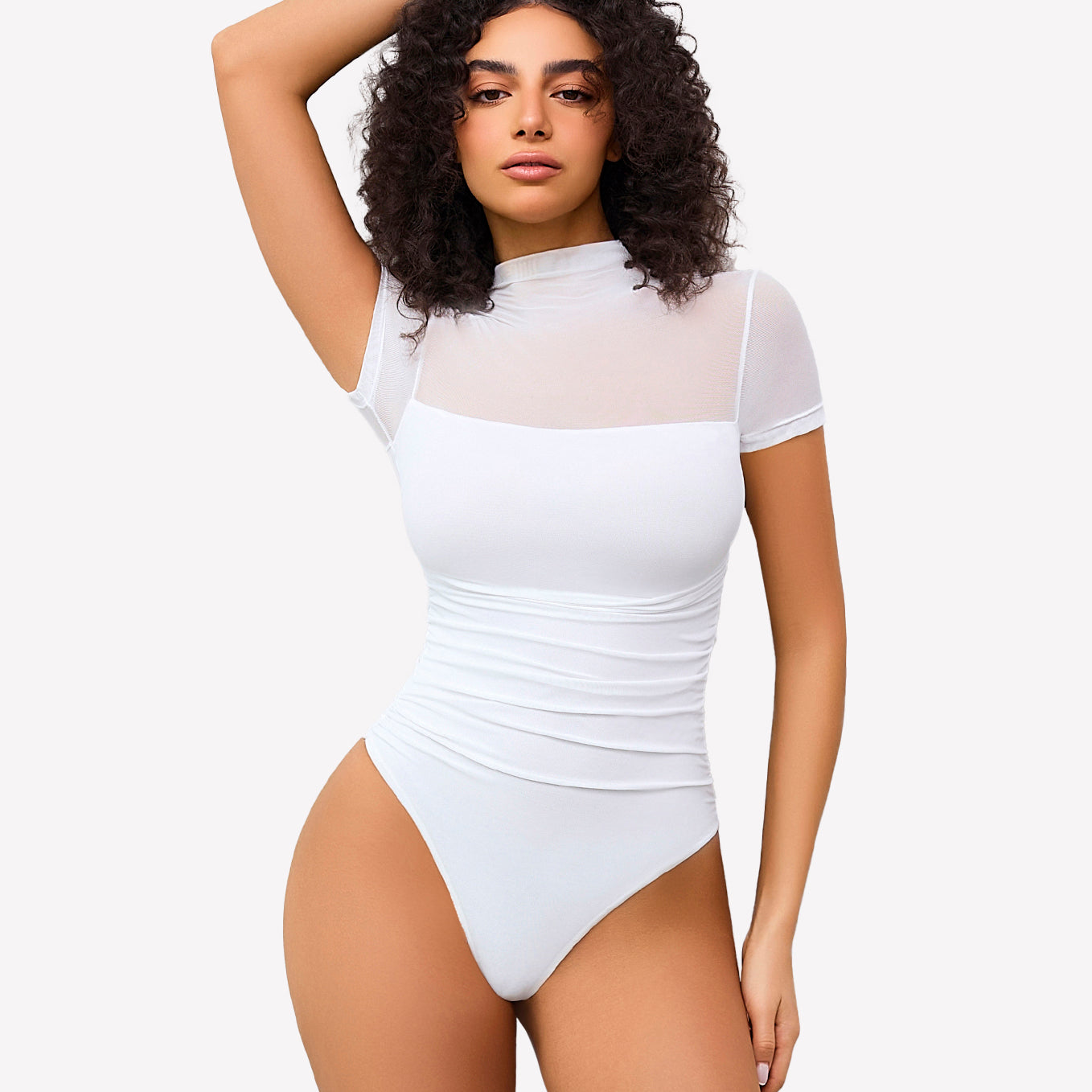 Short Sleeve Bodysuit Turtle Neck Mesh Tops