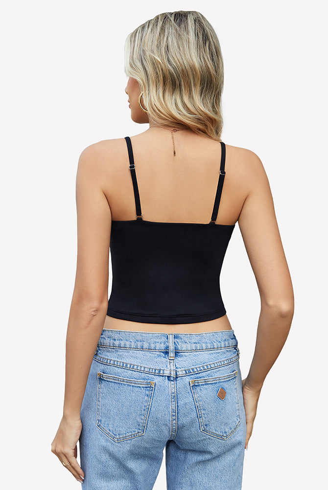 Black V-neck cami top, adjustable spaghetti straps, Y2K style, for daily wear and streetwear