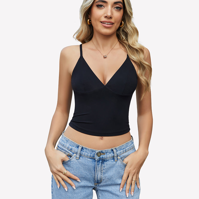 Black V-neck cami top with adjustable straps, Y2K style, perfect for streetwear and daily wear