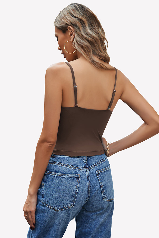 Brown V-neck spaghetti strap cami top, adjustable straps, perfect for daily wear and streetwear