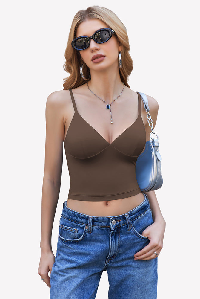Brown V-neck spaghetti strap cami top, Y2K style, perfect for daily wear and streetwear