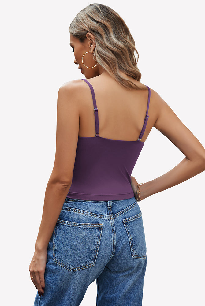 Purple V-neck cami top, adjustable straps, Y2K style, streetwear, paired with jeans