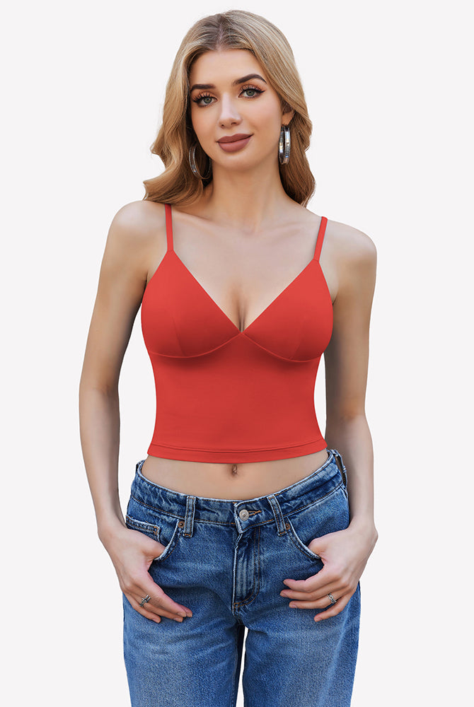 Red spaghetti strap cami top, Y2K style, adjustable straps, with jeans, streetwear