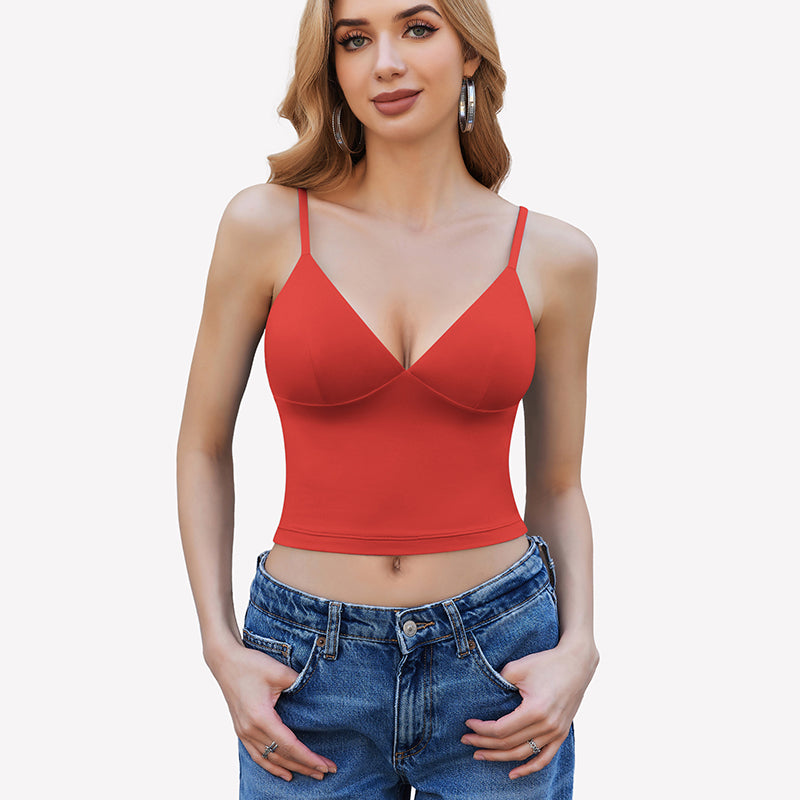 Red spaghetti strap cami top, Y2K style, adjustable straps, with jeans, streetwear