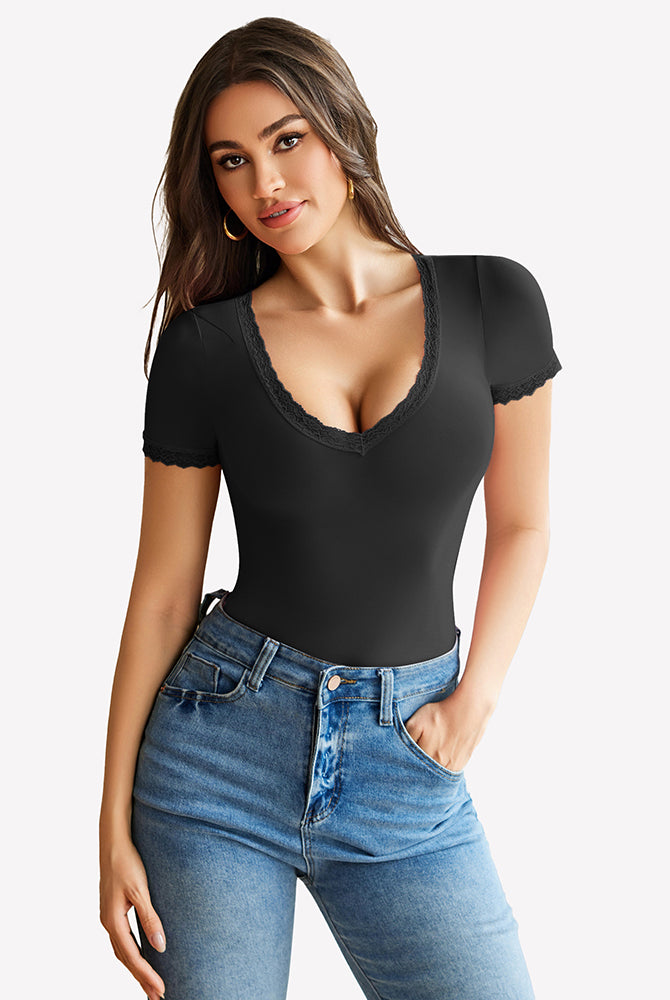 Black V-neck bodysuit with lace trim, offering light smoothing and a flattering fit.