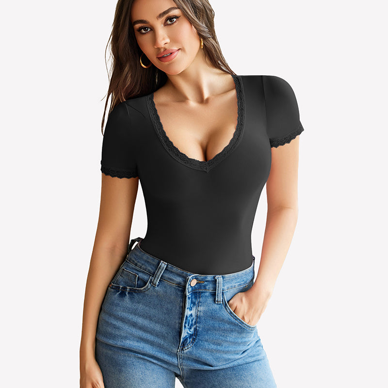 Black V-neck bodysuit with lace trim, offering light smoothing and a flattering fit.