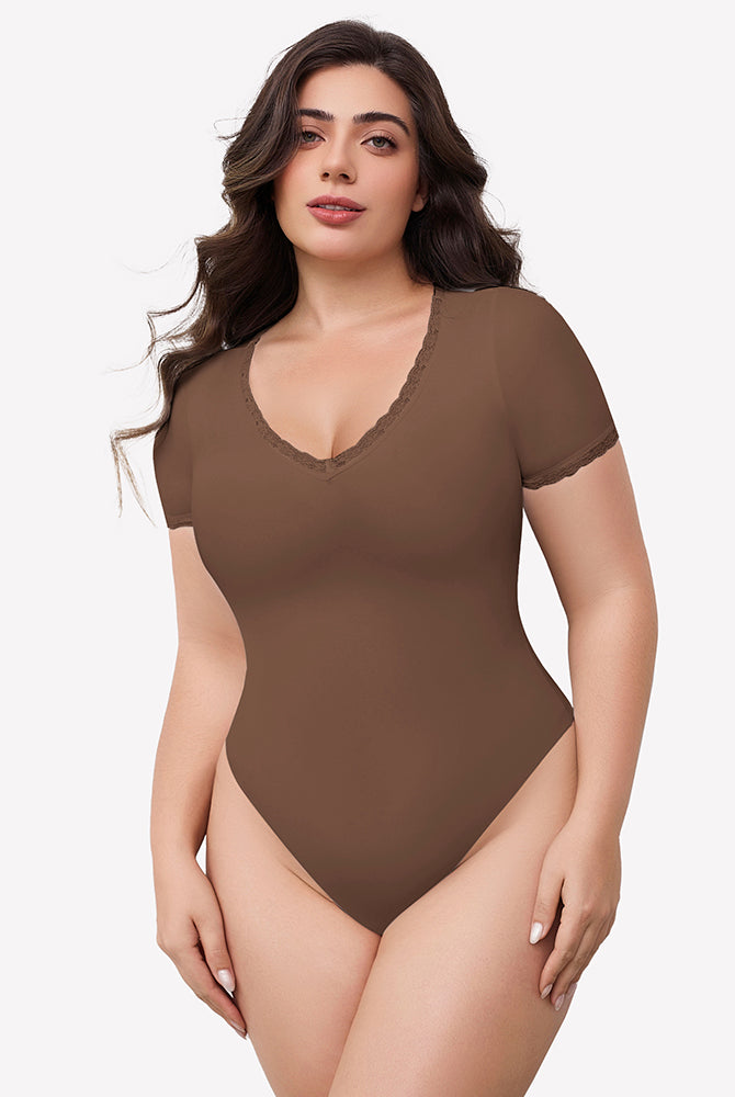 Brown lace trim V-neck bodysuit, light smoothing effect, flattering fit