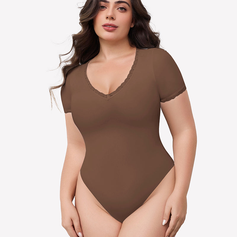 Brown lace trim V-neck bodysuit, light smoothing effect, flattering fit