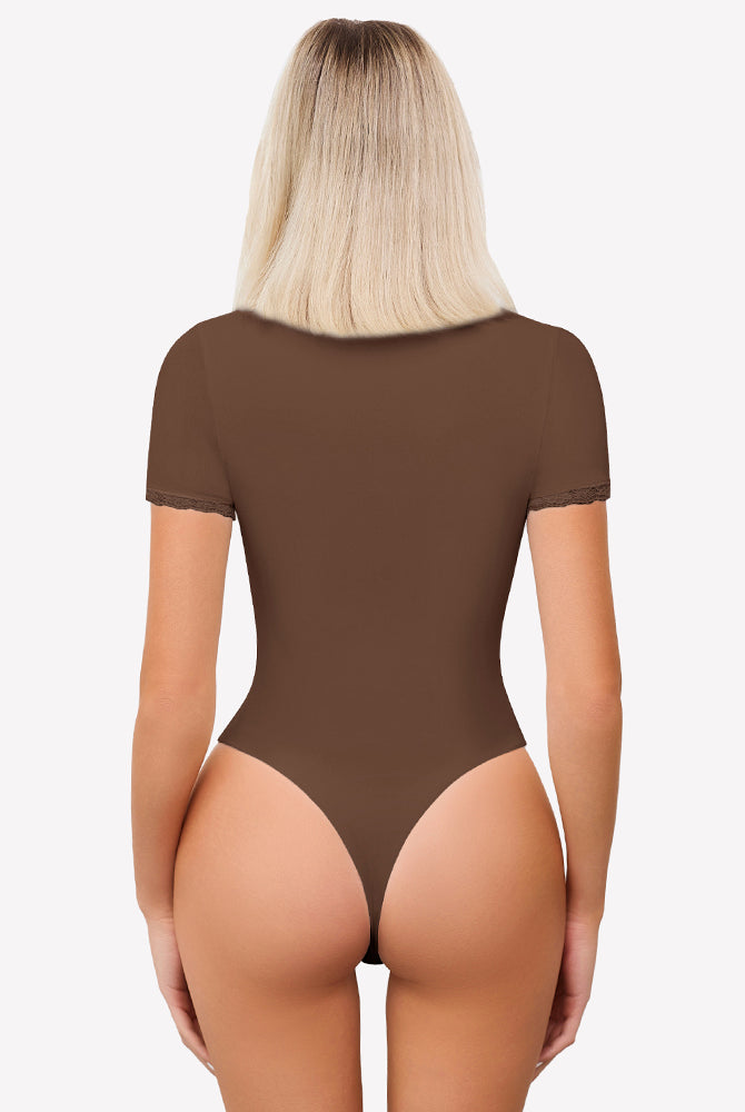 Brown short sleeve bodysuit with lace trim, offering light smoothing and a flattering fit.