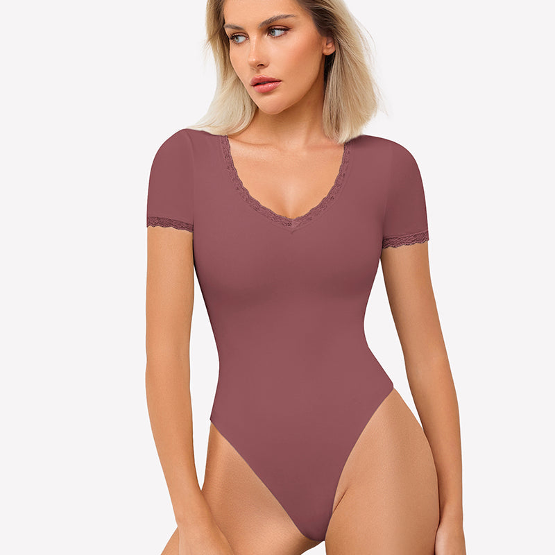 Mauve V-neck bodysuit with lace trim, perfect for everyday wear and light smoothing effect.