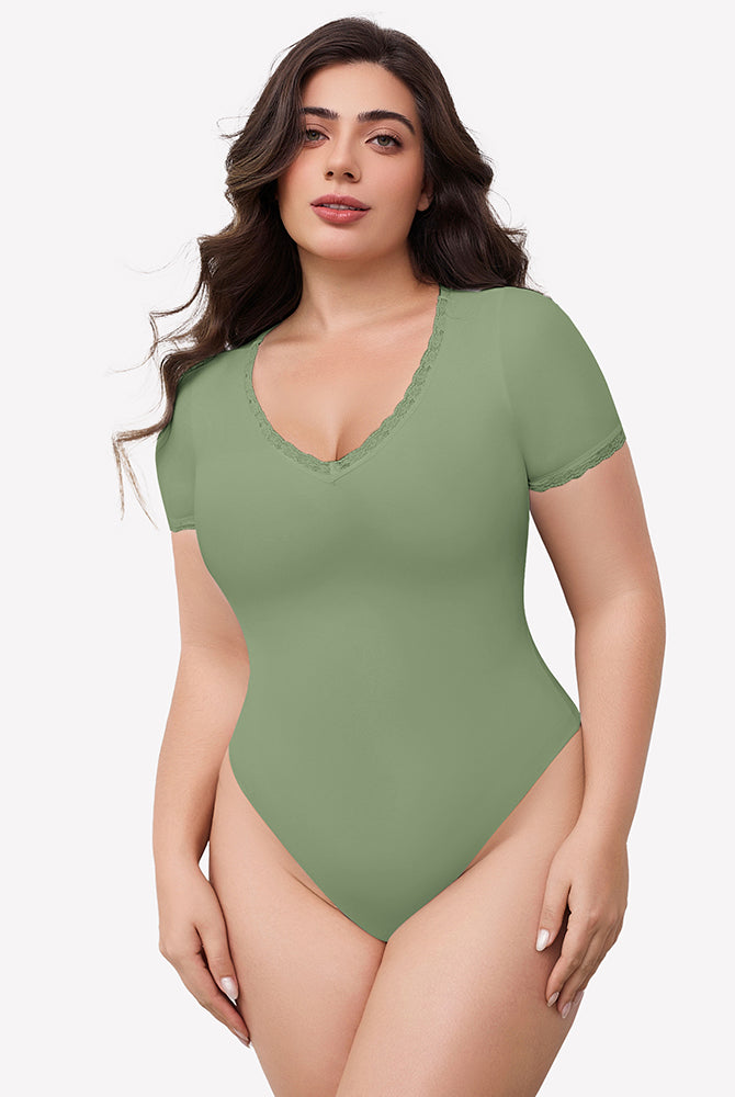 Sage green lace trim V-neck bodysuit, short sleeve, light smoothing, flattering fit