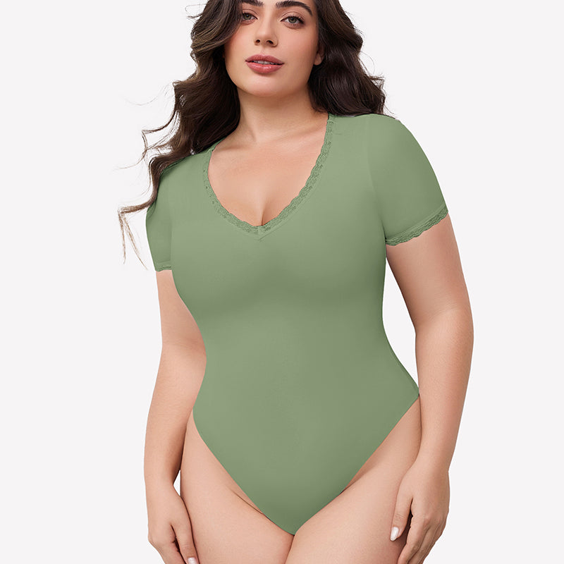 Sage green lace trim V-neck bodysuit, short sleeve, light smoothing, flattering fit