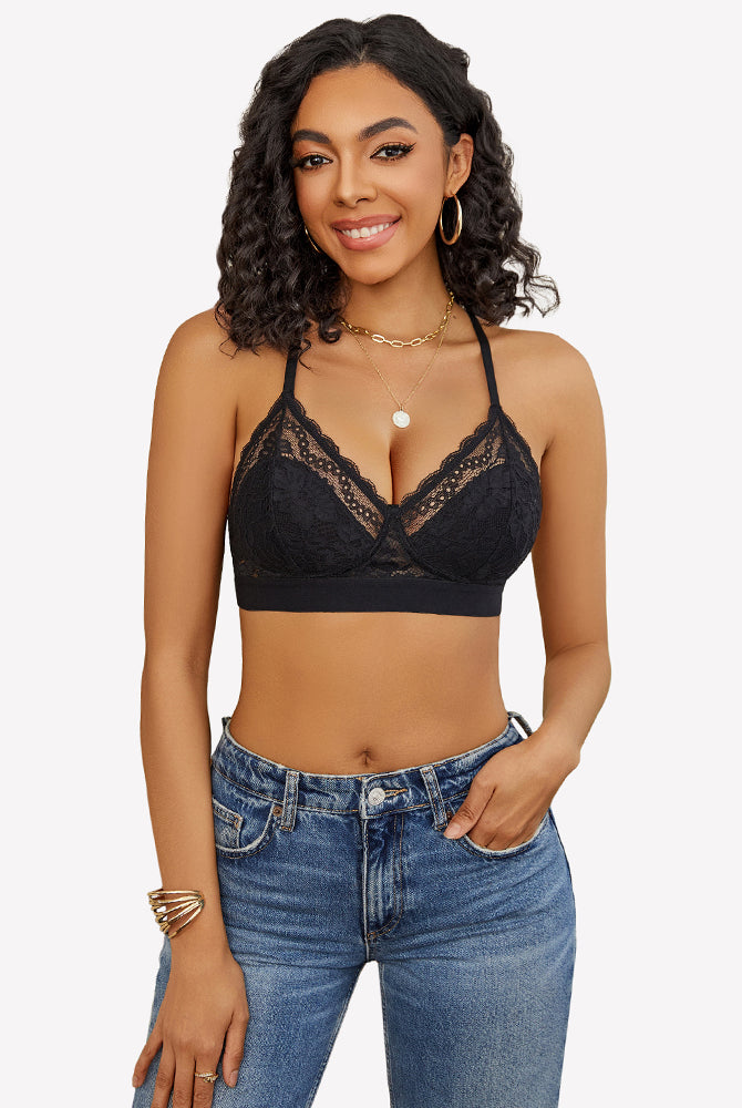 Black lace racerback wireless unlined bralette bra, comfortable and sexy, perfect for summer