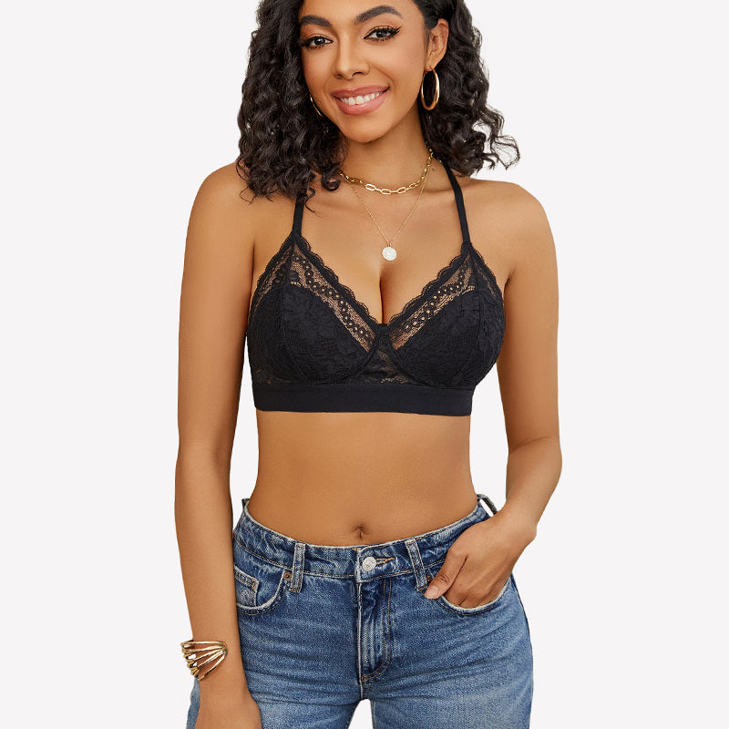 Black lace racerback wireless unlined bralette bra, comfortable and sexy, perfect for summer