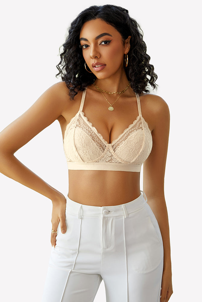 Beige lace racerback wireless bralette bra, comfortable and sexy, perfect for summer
