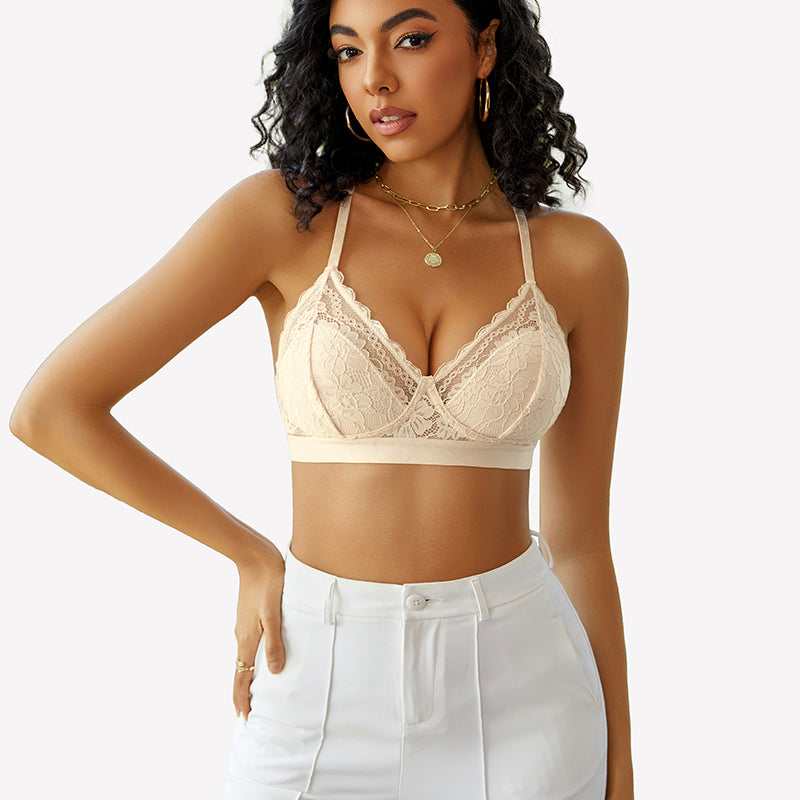Beige lace racerback wireless bralette bra, comfortable and sexy, perfect for summer