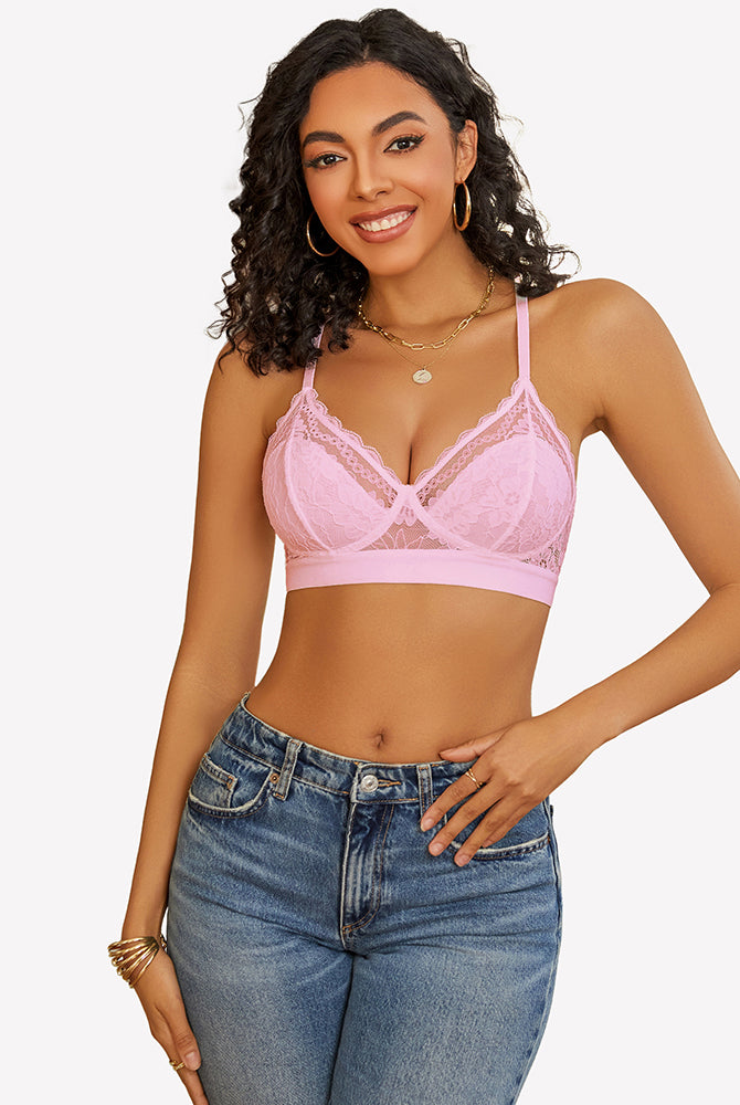 Pink lace racerback wireless unlined bralette bra on a woman, comfortable and sexy lingerie