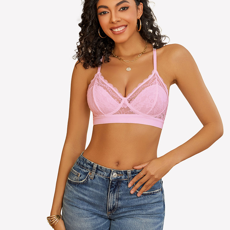 Pink lace racerback wireless unlined bralette bra on a woman, comfortable and sexy lingerie