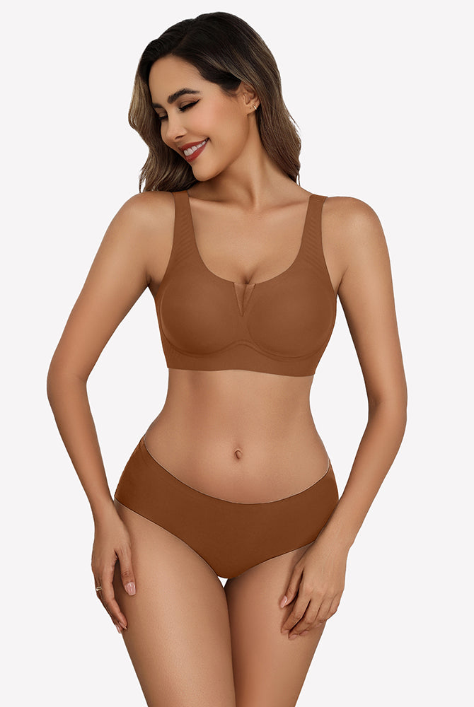 Brown seamless deep V comfort bra and underwear set, full coverage, wireless design.
